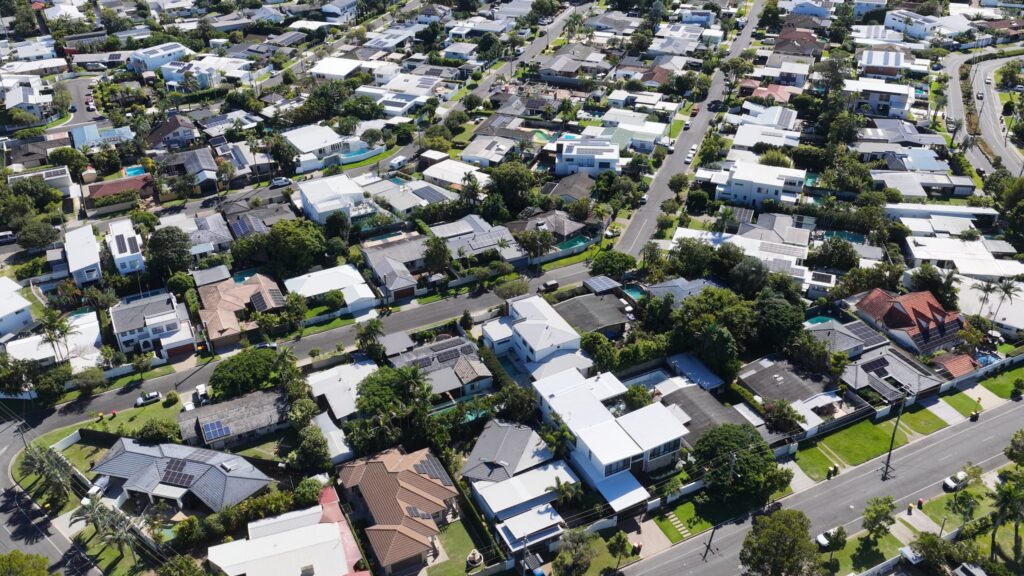 Aerial view of suburban homes
